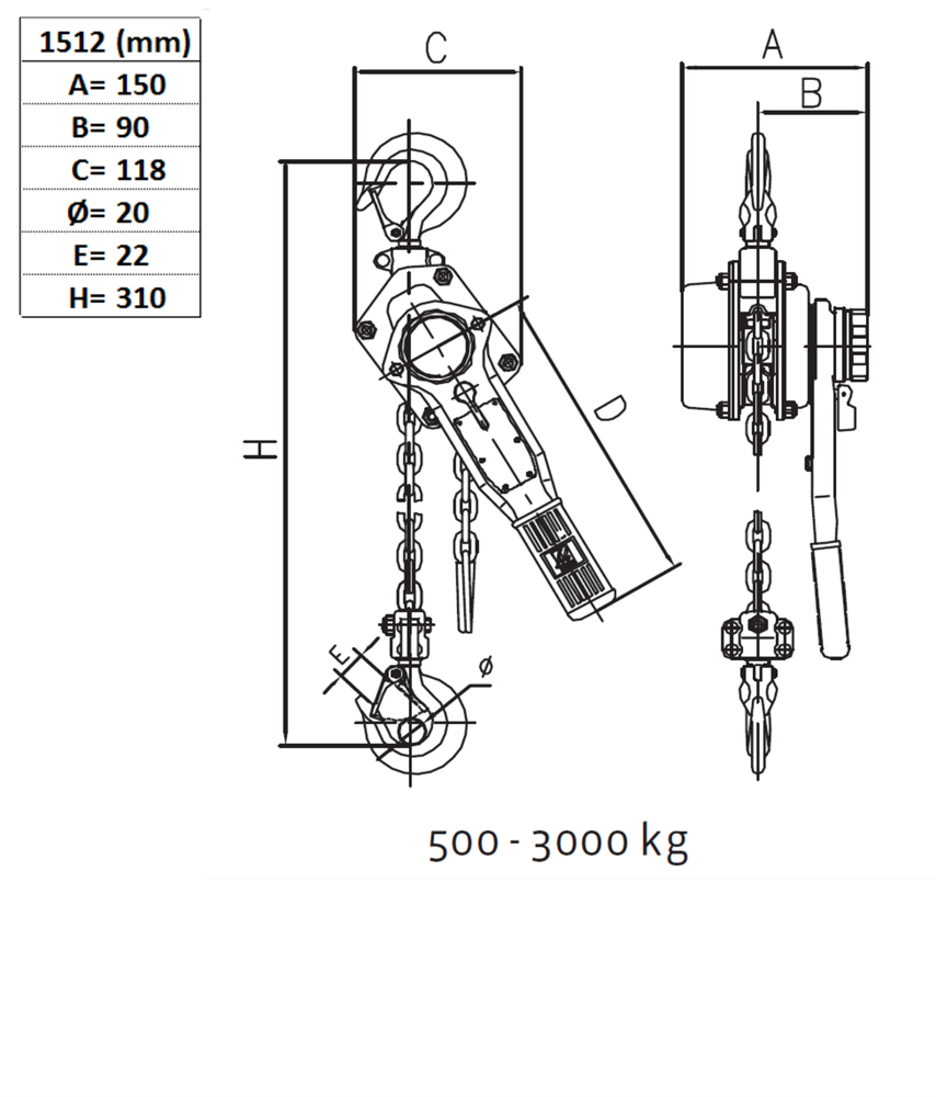 Spaklyftblock 500 kg, lyfthöjd 1,5 m - Bild 2